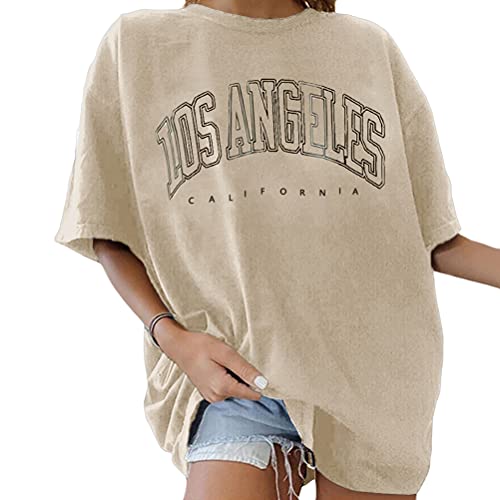 Tomwell Damen T-Shirt Sommer Kurzarm Grafikdruck Shirt Tunika Lose Rundhals Longshirt Frauen Bluse Oberteile Lang Tops für Teen Girls Sommer Aprikose S