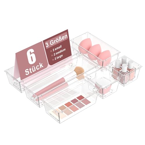 DYDHRER 6 Stücke Schubladen Organizer, schubladen ordnungssystem mit 3 Größen, schubladenorganizer Tablett für Kosmetik, Schmuck, Schminktisch, Badezimmer, Küchenutensilien und Büroschreibtisch