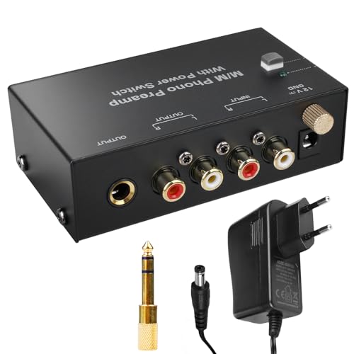 Phono Vorverstärker Plattenspieler - Phono Preamp für Plattenspieler mit MM-Abtast-Systemen, RCA Input & Output, Verstärker Stereo mit Pegel, Schwarz