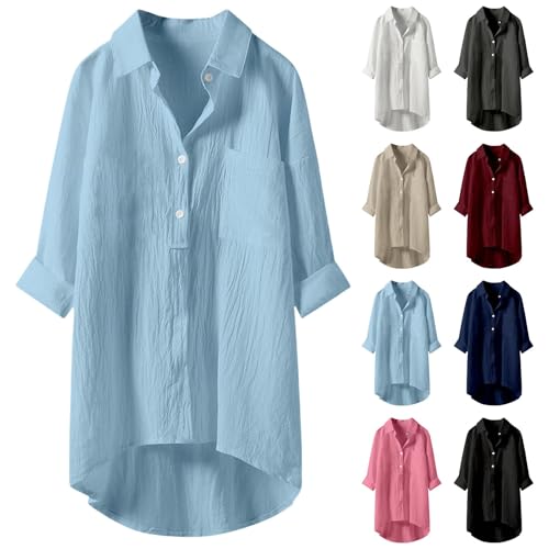 Blusen & Tuniken Für Damen Musselin Bluse Leinen Baumwolle Longbluse Sommer Übergröße Leinenbluse Button-Down Tunika Lässiges Hemd Elegant Atmungsaktive Freizeithemd Lose Shirts Mit Brusttaschen