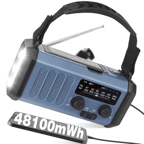 48100mWh/13000mAh Solar Kurbel Notfall Radio, Tragbare AM FM Baustellenradio, Aufladbar Akku Batteriebetrieb mit Dynamo Ladegerät, 700LM Leselicht Campinglampe, SOS Alarm, IPX4 Wasserdicht für Ourdoor