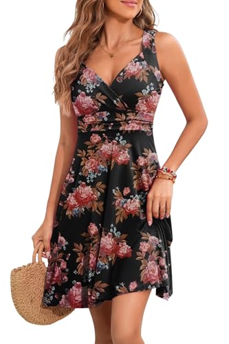 YUTILA Sommerkleid Damen V-Ausschnitt Ärmelloses Kleider Midi Blumenmuster Leicht Kleid Strandkleid