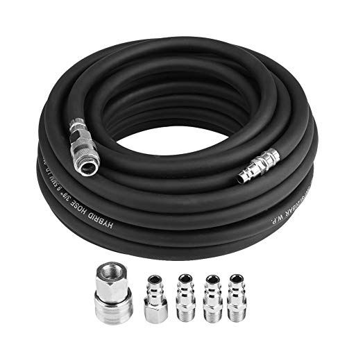 Druckluftschlauch 15M Luftschlauch Kompressor aus Verstärktem Gummi mit mit Schnellkupplung und Nippel für Alle Gängigen Kompressoren, Innen Ø 9,5mm, Schwarz