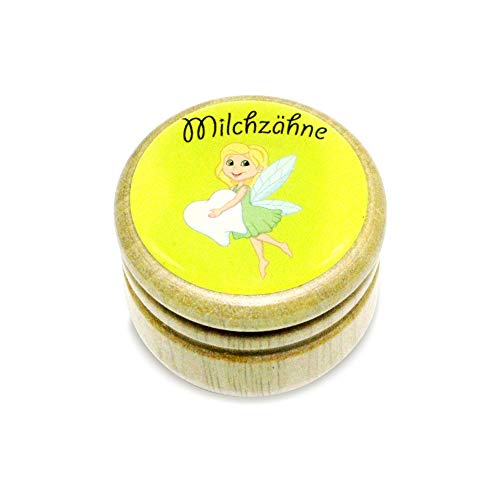 GICO Milchzahndose, Zahndose Milchzähne Bilderdose aus Holz mit Drehverschluss in diversen Motiven für Jungen und Mädchen mit Drehverschluss 44 mm (ZAHNFEE) -Made in EU-7015