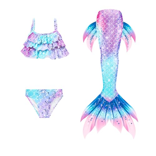 Schwimmanzug Kinder 3 Stück Badeanzug Damen Bikini Set Mädchen Tankini Set Sommer Bademode Kinder 3 teilig Badebekleidung für Pool und Meer hoher Taille Badehose + Tank Top + Schwimmflossen 110-150