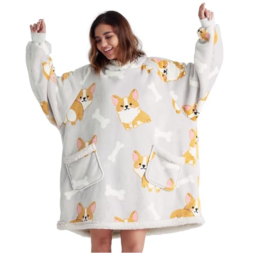 BEDSURE Hoodie Decke mit Ärmeln und Kapuze - Kuscheldecke mit Ärmeln Sherpa Kuschelpullover Damen als Geschenke für Frauen, Corgi, 95x83cm