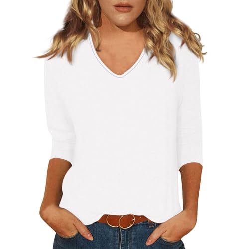 Blusen Damen Tshirt Damen 3/4 äRmel Damen Bluse Elegant 3/4 Arm Oberteile Bluse Mode Leger Slim Fit Tops Bluse Dreiviertelarm Shirt Weiß XL