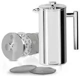 KICHLY French Press Kaffeebereiter 20 Oz - 600 ml (3 Tassen) - Kaffeemaschine mit dreifachem Edelstahlfilter & isolierten Wänden - Silber