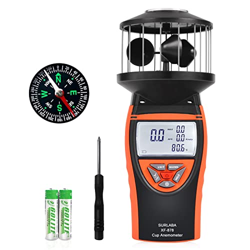 SURLABA Digital Wind Cup Anemometer, Handheld Windmesser XF-878 Wind Gauge Misst MAX/MIN/AVG Windgeschwindigkeit & Temperatur, Wind Meter mit Kompass für Schießen, Segeln, Surfen, Drohne