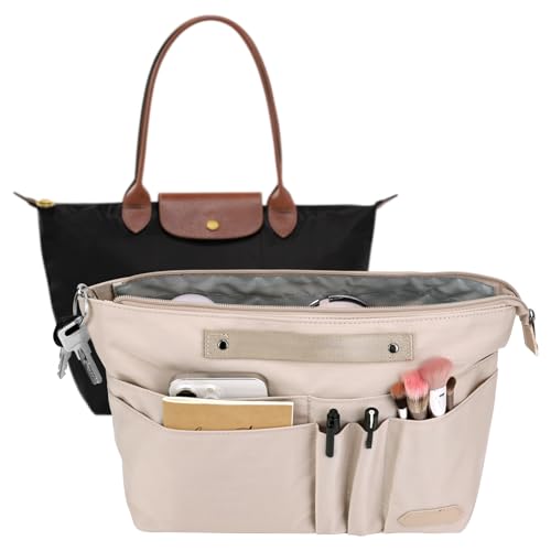 Taschen Organizer für longchamp tasche le pliage m, Taschenorganizer Polyester mit Schlüsselbund Wasserdicht, Innentasche Taschen Organizer Shopper für Tote Bag Handtasche Damen (Beige, Mittel)