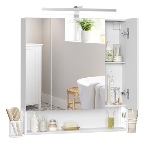 VASAGLE Badezimmerschrank mit LED-Beleuchtung, 16,5 x 70 x 75 cm, Steckdosen, Hängekorb, Haartrockner-Halter, Spiegelschrank, Badschrank, Wandschrank, für Badezimmer, wolkenweiß BBK126W01