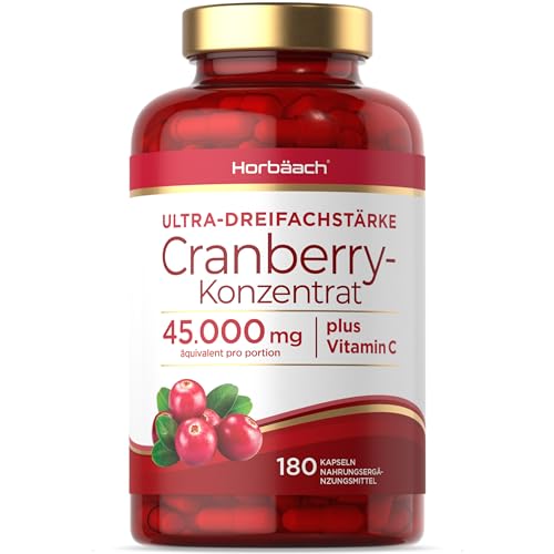 Cranberry Kapseln Hochdosiert 45000mg | 180 Konzentrat Tabletten | Preiselbeerextrakt Komplex mit Vitamin C | by Horbaach