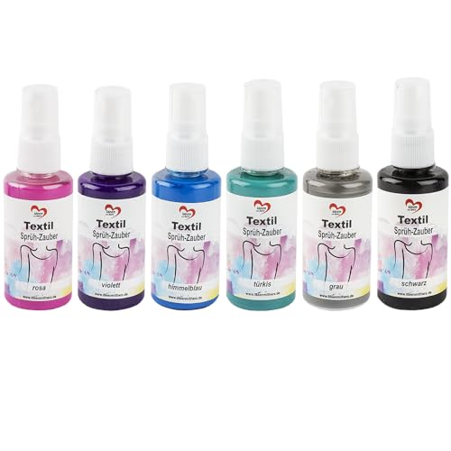 Ideen mit Herz Textil-Sprühfarbe, 6x 50ml, 6 Farben | Hochpigmentierte Farben für helle Textilien | Auf Wasserbasis (Sprüh-Zauber 2 | rosa, violett, himmelblau, türkis, grau, schwarz)