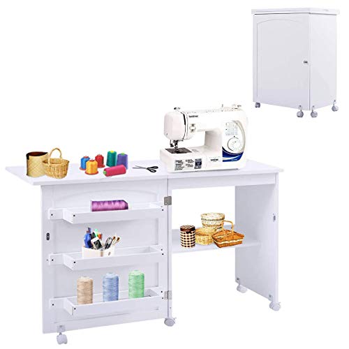 RELAX4LIFE Faltbarer Nähtisch auf Rollen, Nähmaschinenschrank aus Holz, Nähschrank, Mehrzwecktisch, ideal für Wohnzimmer, Schlafzimmer und Arbeitszimmer (White)