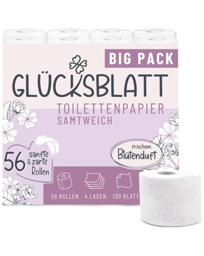 Toilettenpapier SAMTWEICH mit frischem Blütenduft, 4-lagig, 56 Rollen x 130 Blatt, 100% Zellstoff, superweiches Klopapier mit Glücks-Prägung, WC Papier, Verpackung aus mind. 30% PCR