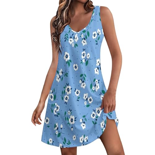 Sommerkleid Damen Knielang - Strandkleid Damen V-Ausschnitt Ärmellos Freizeitkleid Mode Lockeres Saum Drucken Kleider Swing Minikleid mit Taschen Lockere Tank Kleider Kleid Hemdkleid