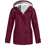 KOG Winterjacke Damen Fleecejacke Wasserdicht Regenjacke Regenmantel Windbreaker mit Kapuze Warme Outdoor Jacken Fahrradjacke Regenjacken Windjacke Wanderjacke Gutscheine Wein XL