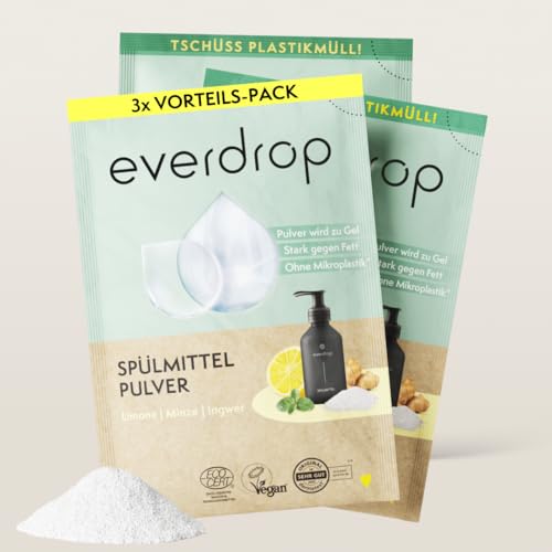 everdrop Spülmittel Nachfüllpulver Set - Effektive und nachhaltigere Geschirrreinigung (3x 25g für 3 Füllungen) mit Limonen-Minze-Ingwer Duft