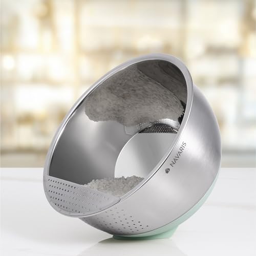 Navaris Reis Waschschüssel - Sieb Küche - Perfekt zum Waschen von Reis und Gemüse - Abtropfsieb - Nudelsieb Edelstahl - Küchensieb - Spülmaschinenfest - 22cm - Mintgrün