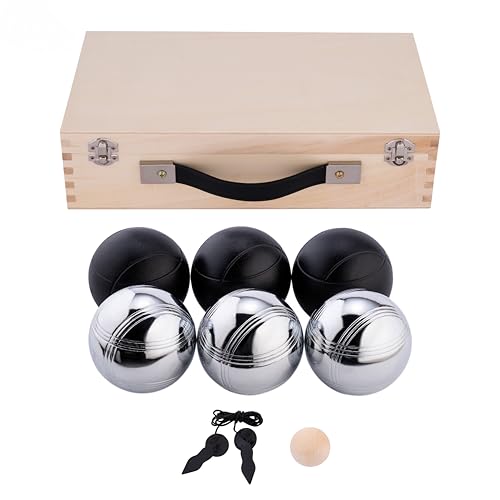 Engelhart - 010208 - Luxus-Holz-Pétanque-Koffer - Naturholz - 74 mm - 6 Boules (3 graue, 3 Schwarze), Holz-Cochonnet, Maßband - 2 Spieler - Ab 6 Jahren - Komplettes Pétanque-Spiel