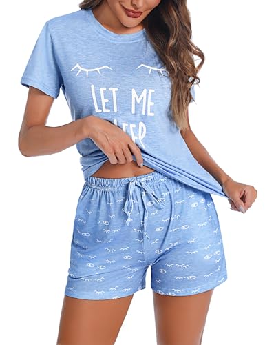 Uniexcosm Schlafanzug Damen Kurz Baumwolle Zweiteiliger Pyjama Set Kurzarm Nachtwäsche Wimperndruck Sleepwear Hausanzug Loungewear Stil 1:Himmelblau-1 S