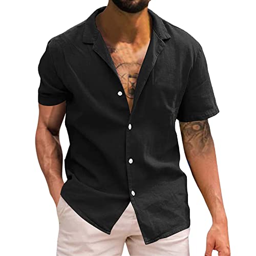 Hehiy Herren Hemd Kurzarm Hawaii Hemd Leinenhemd Sommer Strand Hemd Kurzarmhemden Leinen Hawaii-Print Button Down Shirt mit Tasche Schwarze Hemd Herren Herren Hemden Kurzarm BüGelfrei 3XL