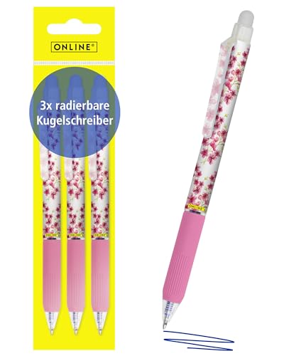 Online magiXX, 3x Radierstift Cherry Blossom I Gelschreiber blau radierbar mit 0,7mm Strichstärke I Tintenroller zum Schreibenlernen, Büro I Erasable Pen Set I Radierbarer Kugelschreiber Schüler