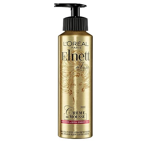 L'Oréal Paris Elnett Schaumfestiger, Styling-Mousse für Volumen, Glanz und extra starken Halt, Hitzeschutz & Styling, Haarschaum, alle Haartypen, Diffusor für leichte Anwendung, Crème de Mousse, 200ml