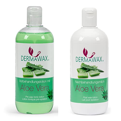 Dermawax Waxing Vor- und Nachbehandlung Hautpflege Set. Tonisierende Vorbehandlungslotion Hautreiniger Cleanser Lotion mit Aloe Vera und Nachbehandlungsmilch mit Aloe Vera entfernt Wachsreste