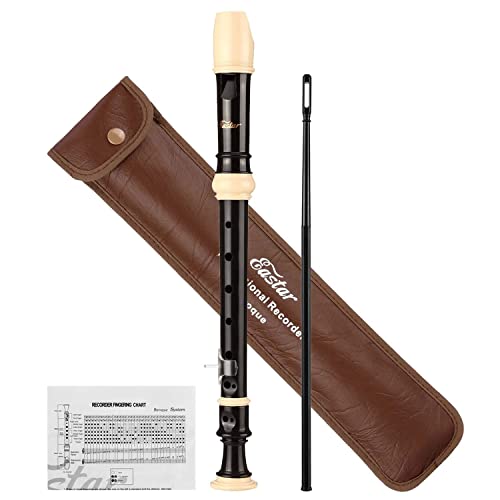 Eastar Sopran-Blockflöte für Anfänger, Barock-Stil C-Tasten-Blockflöte Instrument ABS Classic 3-teilig mit Reinigungsset, Daumenauflage, Ledertasche, Grifftabelle, schwarz, ERS-21BB