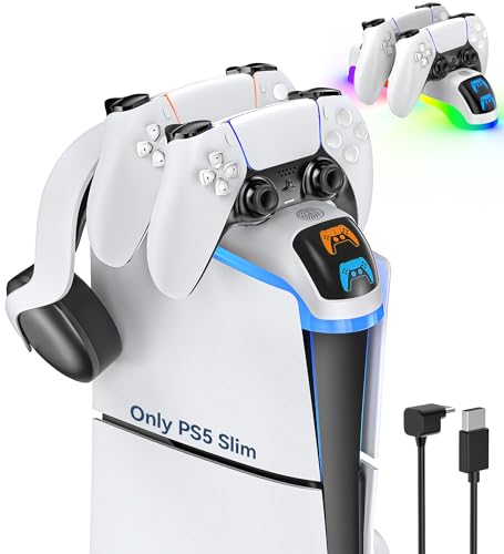 PS5 Ladestation Controller mit Cool RGB Licht für PS5 Slim, PS5 Slim Ladestation mit Headset Halter, PS5 Controller Ladestation für PS5 Zubehör (Nicht für 2020 PS5 Konsole)