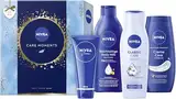 NIVEA Care Moments Geschenkset, Pflegeset mit feuchtigkeitsspendenden Pflegeprodukten, Geschenkbox mit Pflegedusche, Shampoo, Body Milk und NIVEA Creme