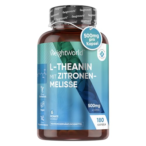 L-Theanin Aminosäure mit Zitronenmelisse 500mg - Alternative zu Ashwagandha - 180 Kapseln für 6 Monate - Für Konzentration & Entspannung - L-Theanine Aminoacid aus Camellia Sinensis - WeightWorld