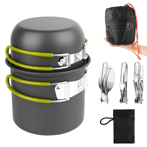 Camping Geschirr Set, Camping Töpfe Aluminium, Faltbare Camping Kochset, Campingkocher Set mit Besteck und Topf, Outdoor Geschirr für Picknick Wandern, Camping Kochgeschirr Set