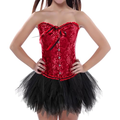 Korsett Damen Schwarz, Korsett Damen mit Rock Corset und Tüllrock 2 Teilig Schnürkorsett Vollbrust Bustier Korsage Schwarz Vintage Bequem Corsage Tutu Mädchen Festlich Karneval Fasching Kostüm