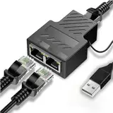 RJ45 Ethernet Splitter 1 to 2 Dual Port High Speed Adapter,100Mbps Network Ethernet Connector with USB Supply,8P8C Extender Plug for Cat5/5e/6/7/8 Cable(2 Devices Simultaneous Use)