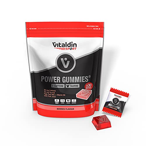 VITALDIN SPORT Power Gummies Caffeine & Taurine – Schnelle, anhaltende Energie – 80 mg Koffein, 40 mg Taurin pro Serving + Vitamin B6 – Doypack 30 Fruchtgummis Bites – Rote Beeren-Geschmack – Vegan