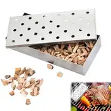 Goviox Räucherbox Edelstahl, Robuste BBQ Räucherbox, Hitzebeständig Grillzubehör, Universal Smoker Räucherbox für Gasgrill und Holzkohlegrill, für Fleisch, Fisch, Gemüse, 22,3x9,7x4,3cm, Silber