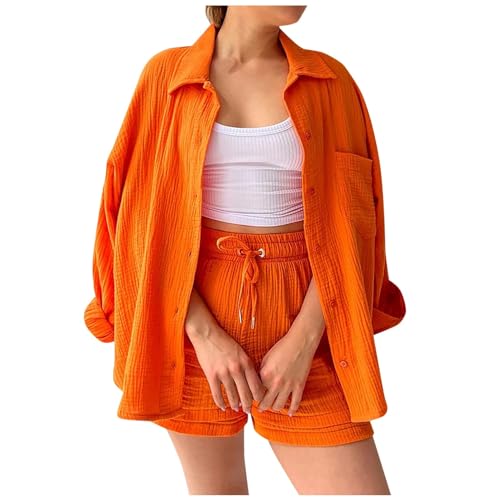 PTLLEND Damen Sommer Musselin Bluse Hemd und Shorts Clothes Elegant Aesthetic Lounge Set Strand Outfit Set Two Piece Mode Leicht Urlaub Freizeit Oberteile Strand Loungewear(Orange #1,L)