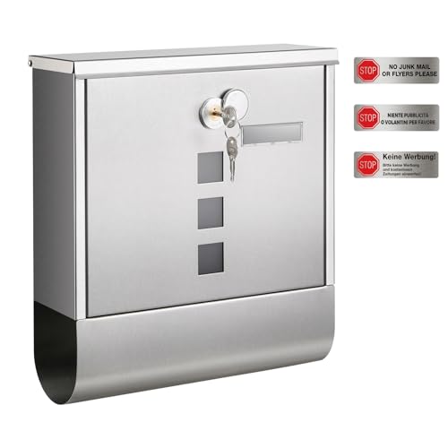 SONGMICS XXL Briefkasten, Edelstahl mit Zeitungsfach, Schloss mit Kupfer-Schließzylinder und drehbarer Abdeckung, Sichtfenster, Namensschild, einfache Montage, 11 x 37 x 37 cm, silbern GMB120E01