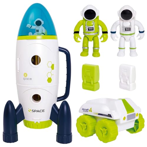 weiclianhp Raketen Spielzeug für Kinder, Space Rakete Spielzeug mit Licht-und Soundeffekten, Space Rocket mit Astronauten, Space Rover-Fahrzeug für Jungen Mädchen ab 3 Jahren