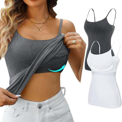 Attraco 2er Spaghetti Top Damen Unterhemd Spaghettiträger Tank Top mit Verstellbarer Strap Basic Cami Tank Top Grau/Weiß M