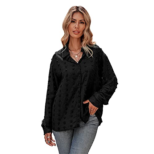 Damen Chiffon Blusen Langarm Button Down Pom Pom Shirts Tops Herbst Casual Polka Dot Tops Shirts (M,Schwarz)