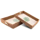 Decorasian Vintage Tablett aus Rattan mit Muschel Mosaik – Dekotablett und Serviertablett mit Griff im Boho Stil - 2er Set