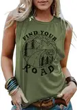 Cuptacc Top Damen Sommer Rundhals Locker Find Your Road Grafikdruck Tops Atmungsaktiv Freizeit Ärmellose Tshirt Damen Armeegrün Mittel M 38-40