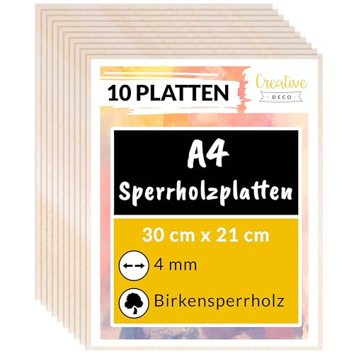 Creative Deco 10 x A4 Sperrholzplatte 4mm | 300 x 210 (+/- 0,5) mm | Birkensperrholz Dünne holz-Zuschnitte | Perfektes Blatt für Laubsäge, Brandmalerei, Laserschnitt, CNC Router, Durchbrochenes