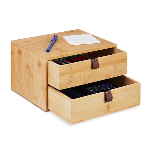 Relaxdays Schreibtisch Organizer, Büroorganisator 2 Schubladen, Bambus, Schubladenkasten, HBT: 14,5 x 25 x 20 cm, natur