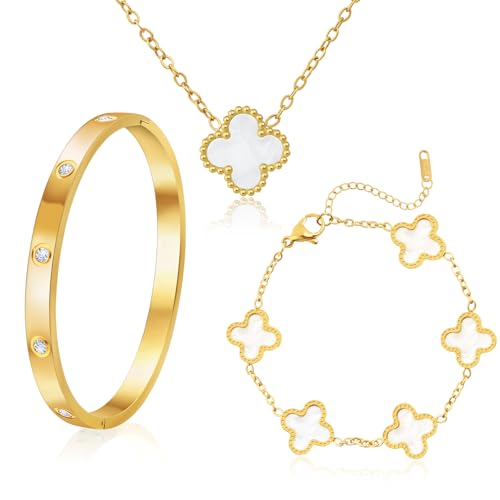 Ouxayapl 18K Vergoldet Vierblättriges Kleeblatt Armband, 18K Vergoldet Vierblättriges Kleeblatt Anhänger Halskette, Gold Armband Cubic Zirkonia Armreif, 3 PCS Schmuck Set für Geschenke Geburtstags