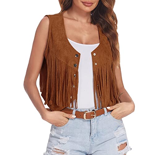 Generisch Damen Faux Wildleder Cowboy Ärmellos Weste Cardigan Jacke mit Fransen Weich Cowgirl Weste Kurze Fransenjacken Braun Weste mit Fransen Damen Retro Hippie-Kostüme 70er Fransenweste Auffällig