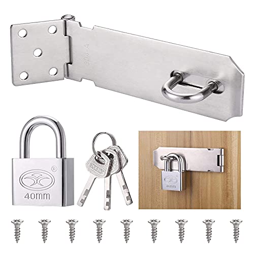 Zocipro Edelstahl Schloss Riegelschloss Haspe(127mm) mit Vorhängeschloss(40mm) & Schrauben, Türriegel für Gartentor, Nicht-verformbares Türschloß für Holztür, Schuppen, Schrank, Garagentor